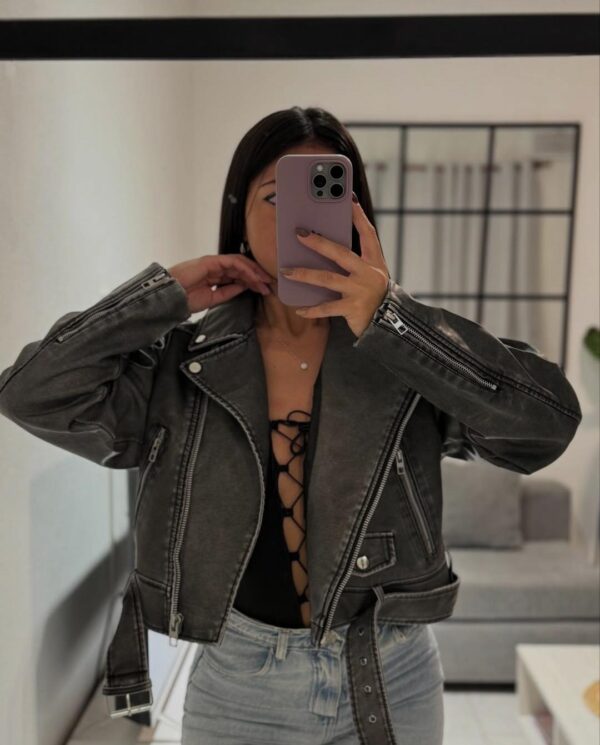 Chaqueta cuero pu jaspeada gris