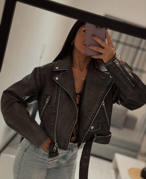 Chaqueta cuero pu jaspeada gris